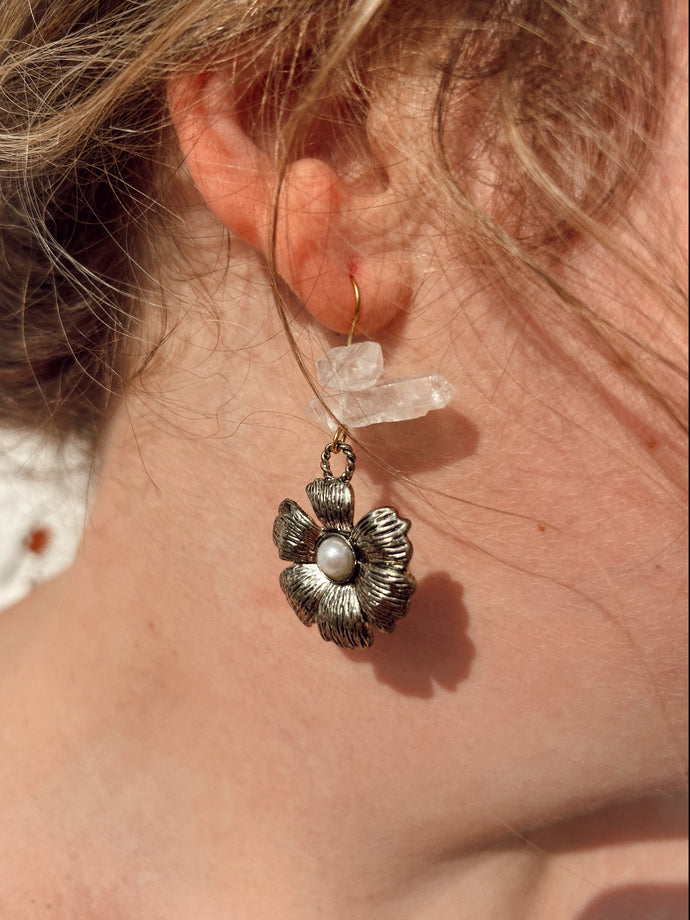 Clear Quartz Silver Floral Earrings